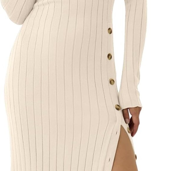 Womens 2025 Fall Long Sleeve Midi Dress Ribbed Knit Bodycon Fitted Button Down W - Picture 1 of 7